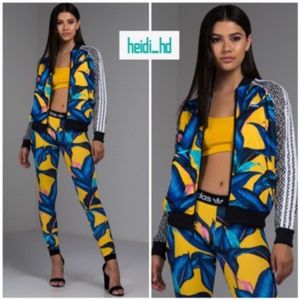 NWOT Adidas x Farm Rio Palm Plant Print Blue and Yellow Track JACKET, Size XS